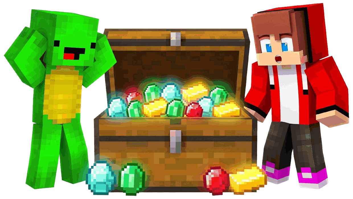 JJ and Mikey celebrating beside a treasure chest full of loot